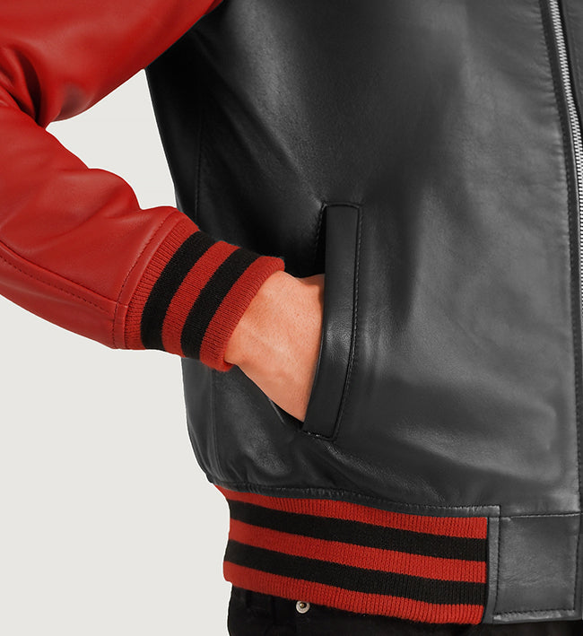 mens leather black red varsity jacket