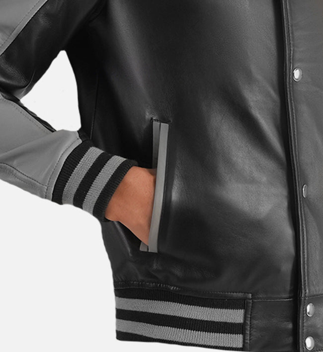 mens leather grey black varsity jacket