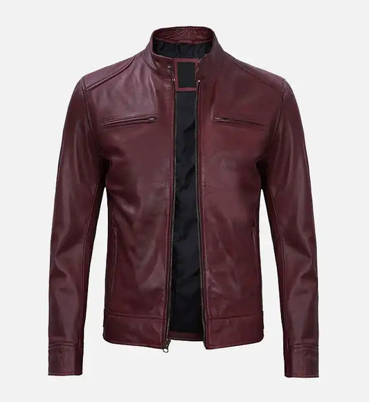 mens maroon cafe racer premium leather jacket