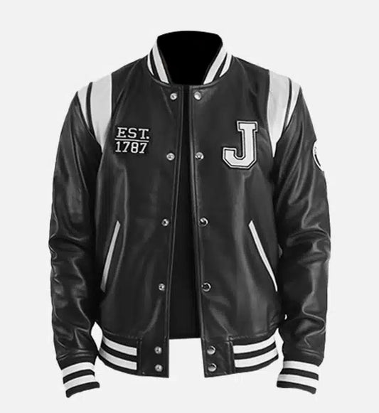 mens new jersey black leather varsity jacket