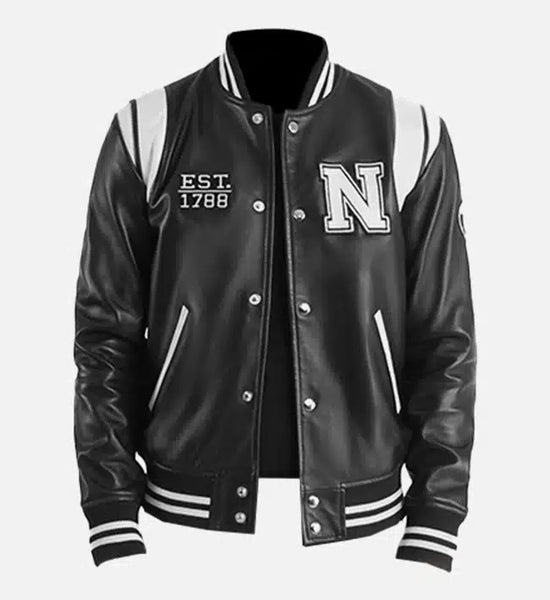 【BLACK】Faux leather varsity jkt mens_new_york_black_leather_va