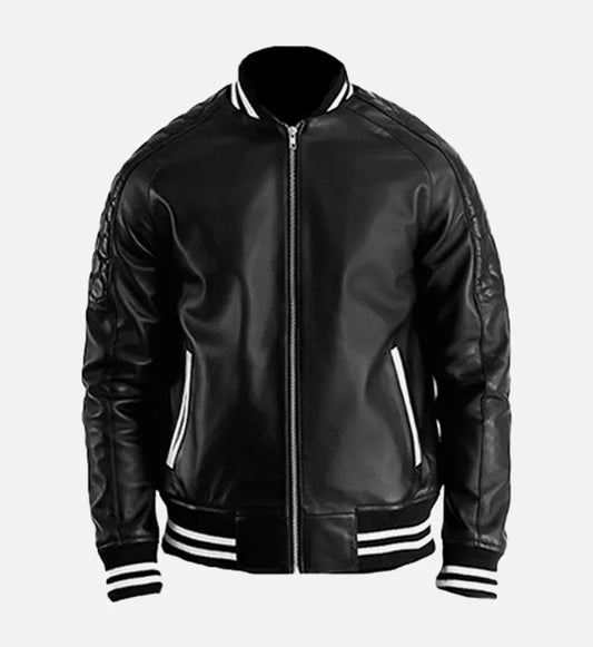 mens plain black leather varsity jacket