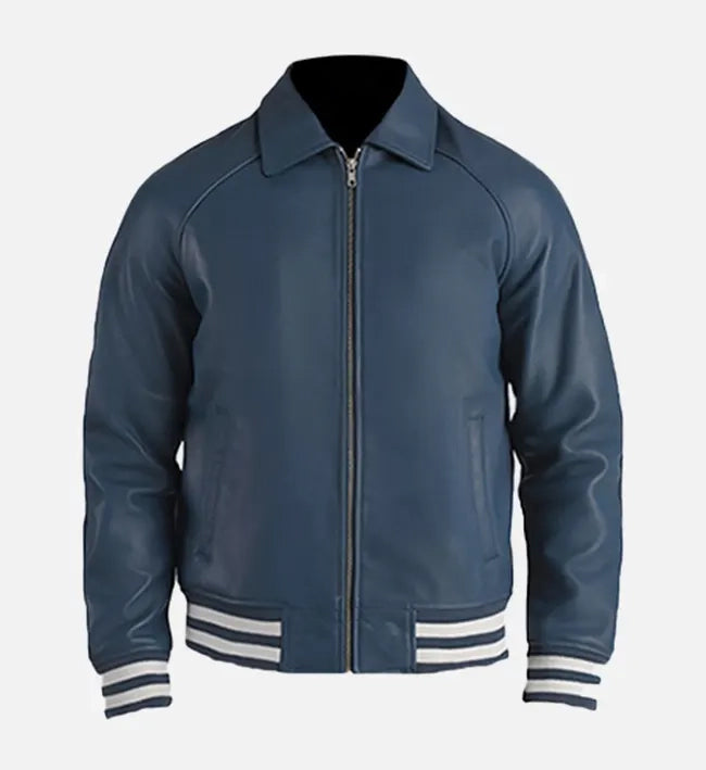 mens plain blue leather varsity jacket