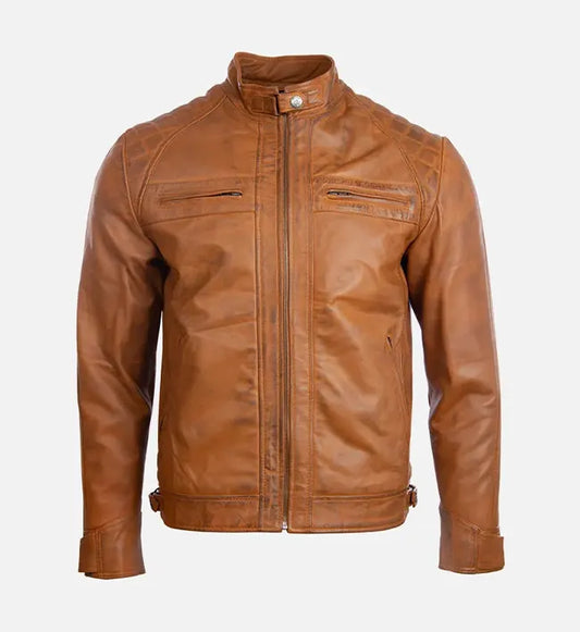 mens quilted shoulder tan cafe racer leather jacket
