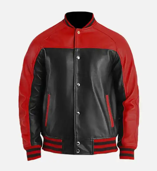 mens red black leather varsity jacket