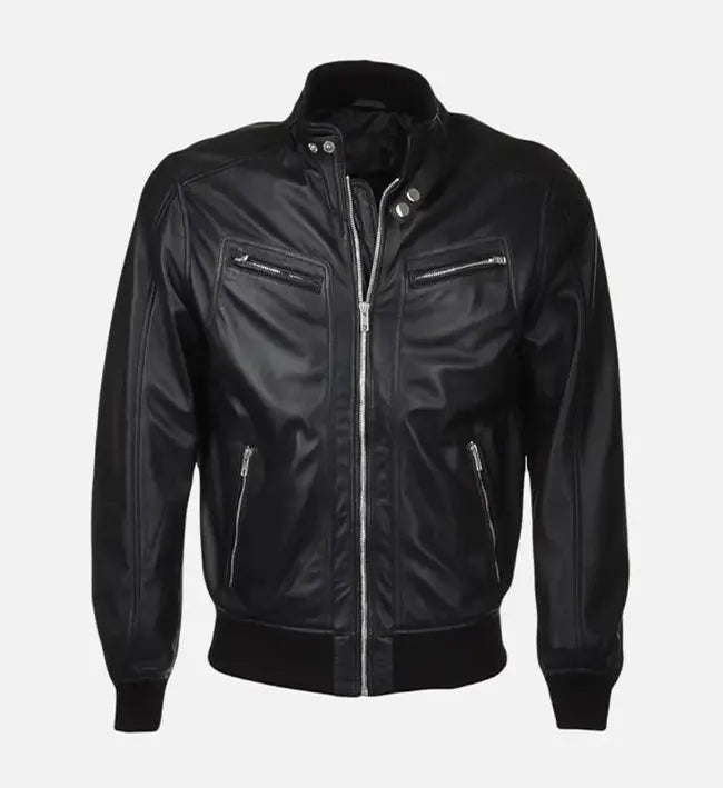 mens snap double button collar black leather bomber jacket
