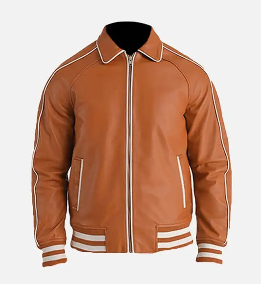 mens tan brown leather varsity jacket