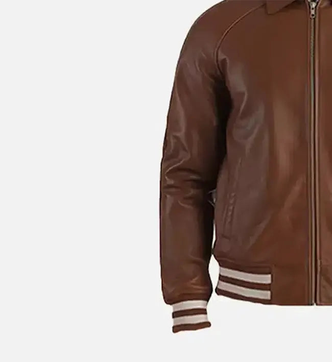 mens varsity dark brown leather jacket
