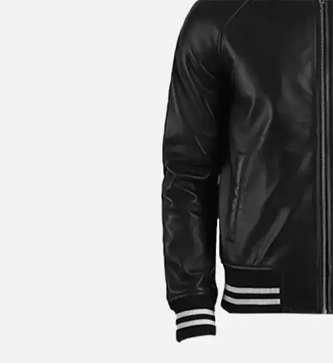 Men's Black Leather Plain Varsity Jacket