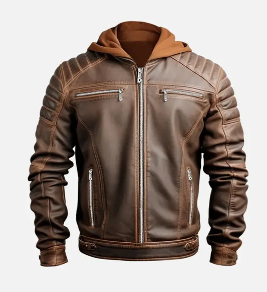 mens voguish brown detachable hooded leather jacket