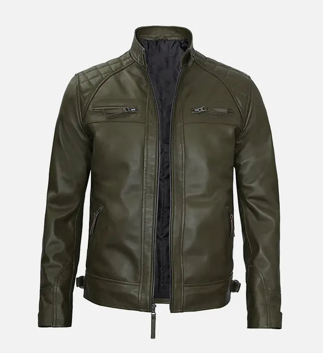 Men's Olive Green Leather Cafe Racer Jacket