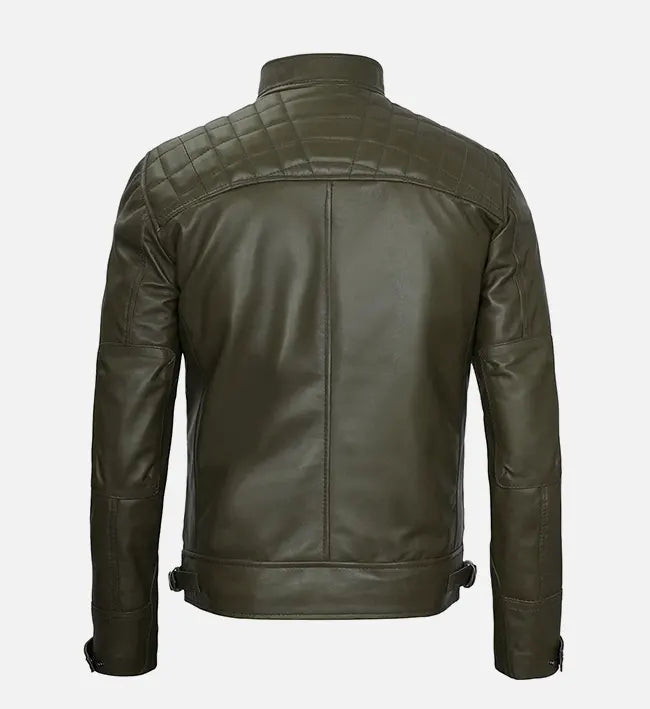 olive green leather mens cafe racer jacket