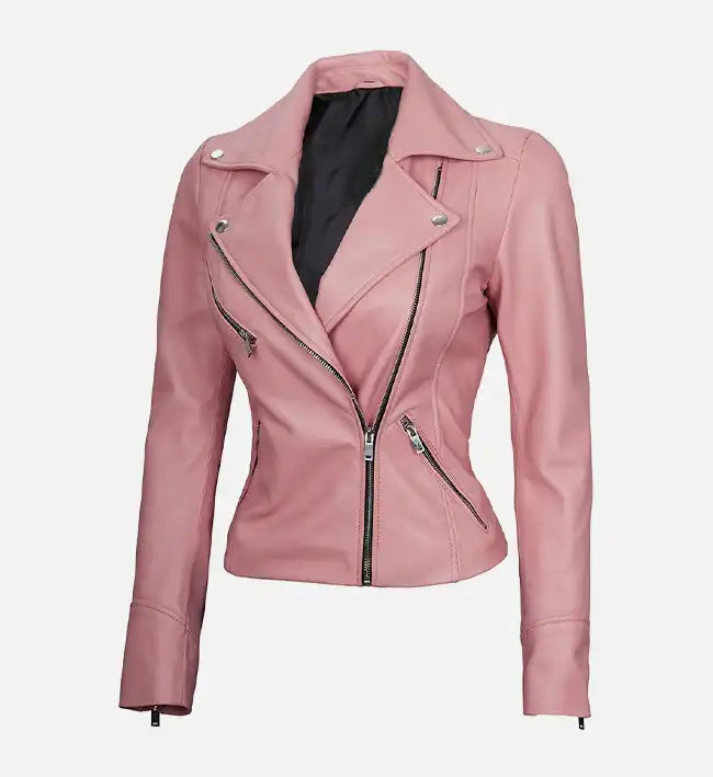 pink leather moto style jacket for women
