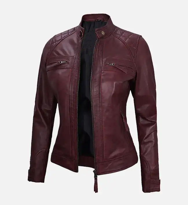 real leather maroon motorcycle jacket for women