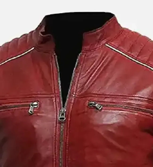 red biker leather jacket with striped for men