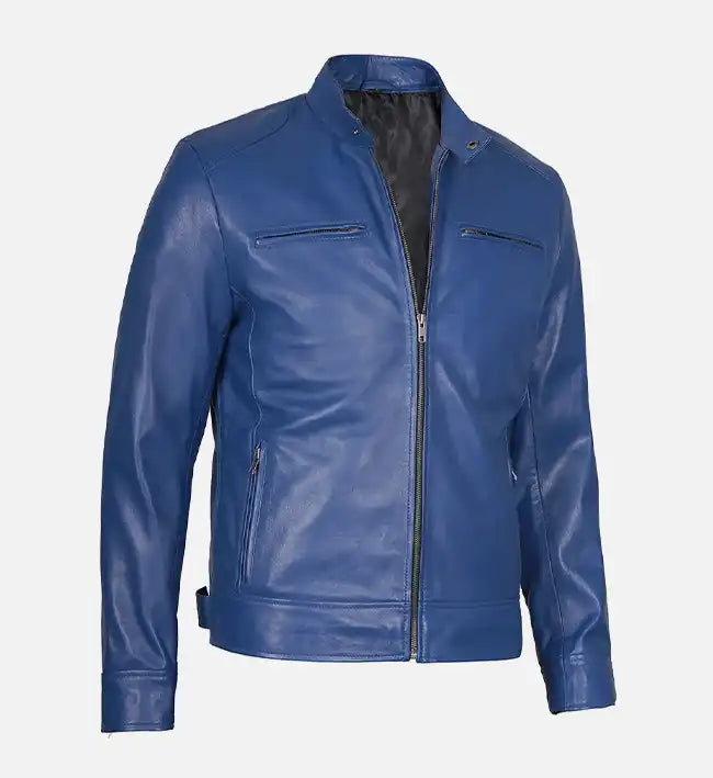 slim fit blue leather jacket for men
