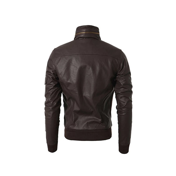 Men’s Slim Fit Wired Collar Brown Bomber Leather Jacket - AU LeatherX