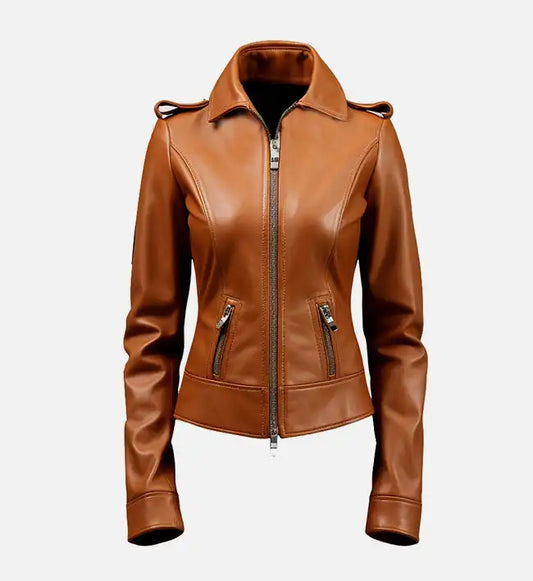 women brown leather jacket slim fit
