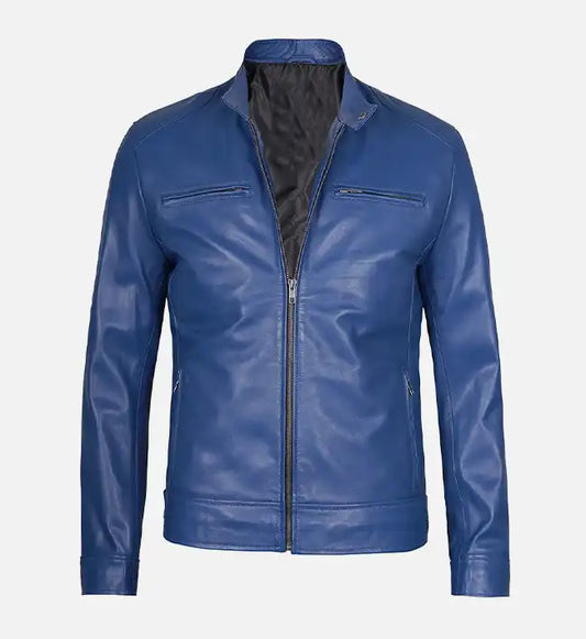 stylish slim fit men s blue leather jacket
