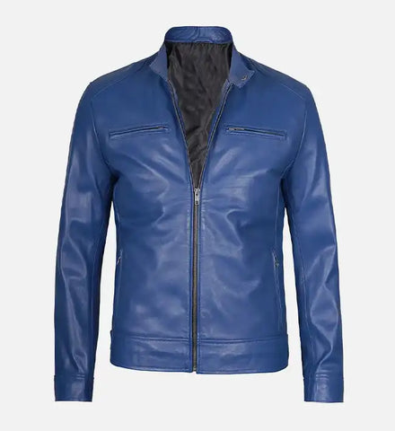 Stylish Slim Fit Men’s Blue Leather Jacket