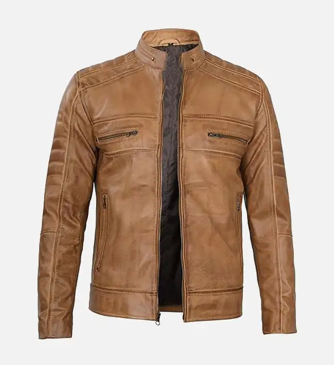 Men's Tan Rust Brown Leather Biker Jacket