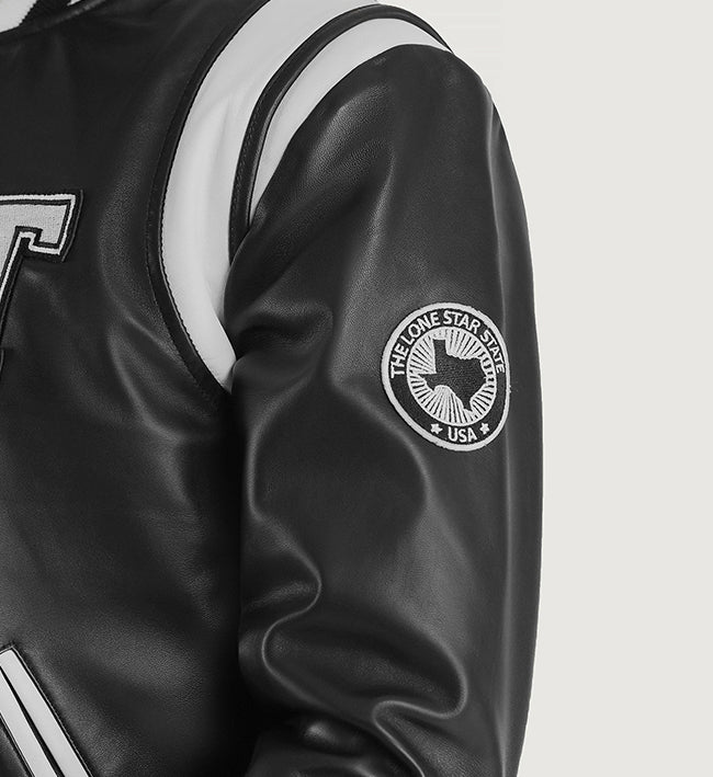 texas black leather varsity jacket for men