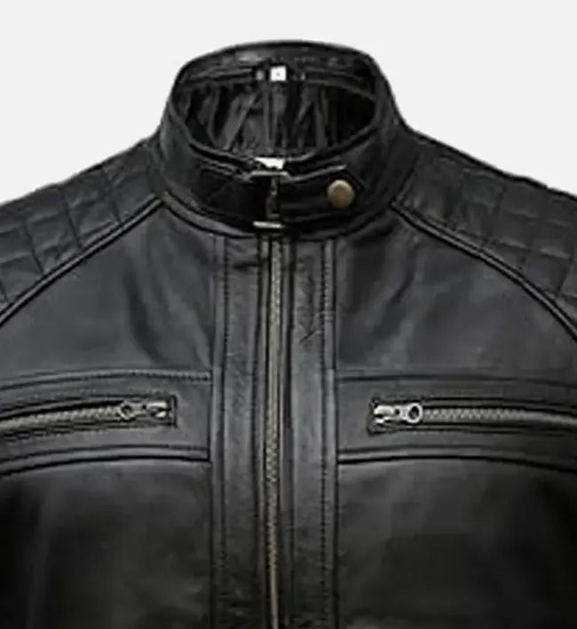 timber style padded shoulder black leather jacket for men
