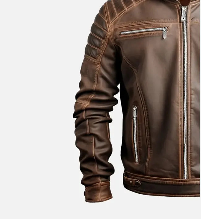 voguish brown detachable hooded leather jacket for men