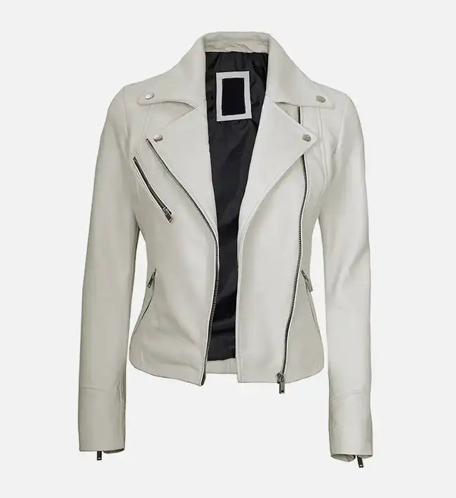 Women's Moto Style White Leather Jacket