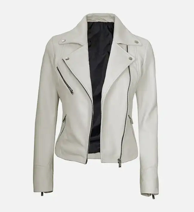 white leather moto style jacket for women