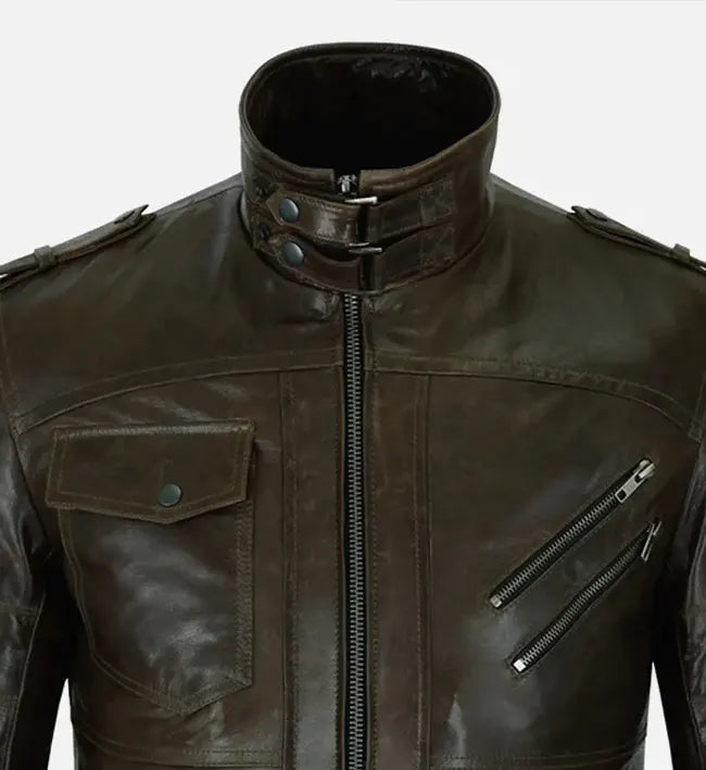 wired collar brown bomber leather jacket for men
