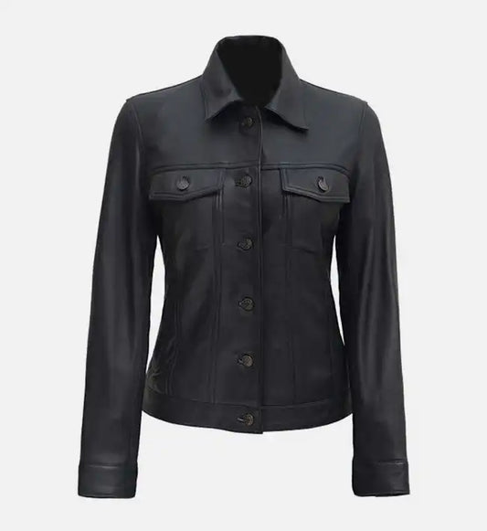 women black leather trucker jacket
