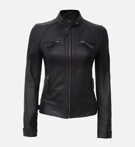 women black quilted cafe racer leather jacket
