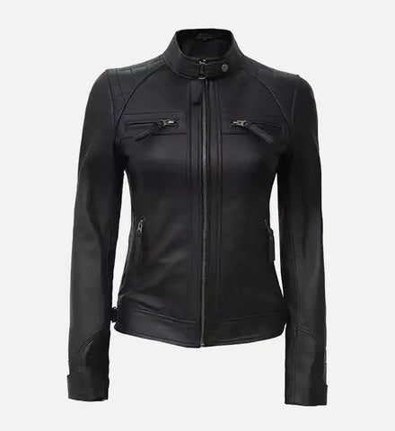 Women’s Black Quilted Cafe Racer Leather Jacket