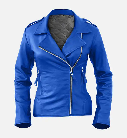 womens biker blue leather jacket