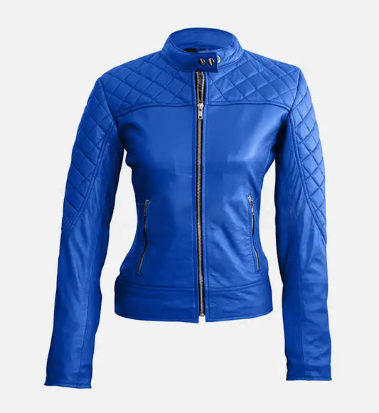 women leather blue quilted stylish jacket
