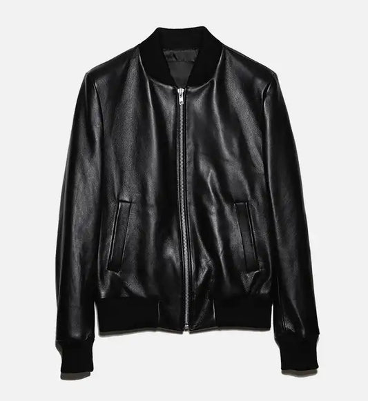 women minimal black leather jumper jacket
