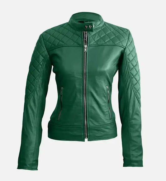 Women green quilted stylish premium leather jacket
