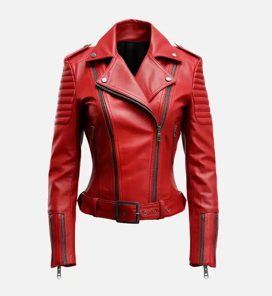 womens leather red biker jacket
