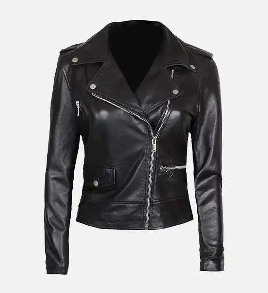 womens asymmetrical black leather biker jacket
