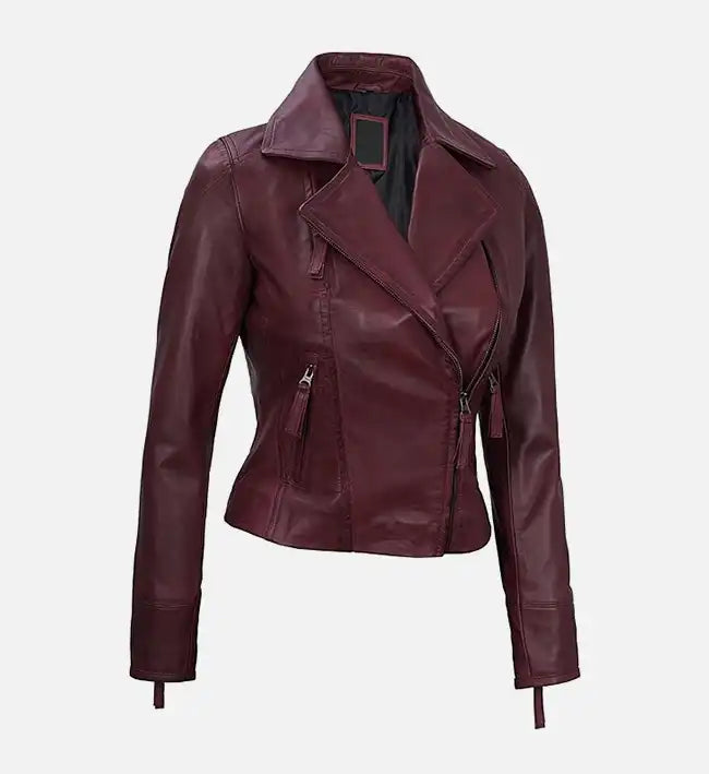 Women's Maroon Asymmetrical Biker Leather Jacket