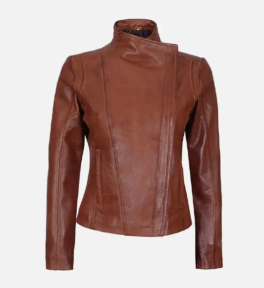 womens tan asymmetrical biker leather jacket
