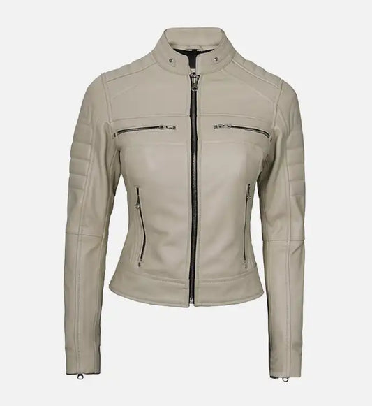 womens beige cafe racer leather jacket