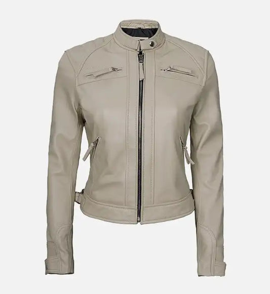 womens beige diamond cafe racer leather jacket