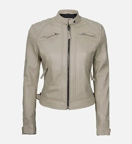 Women’s Beige Diamond Cafe Racer Leather Jacket