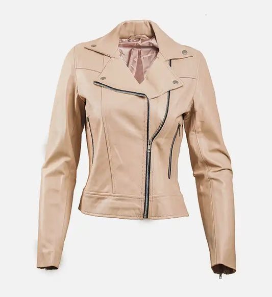 womens biker beige leather jacket
