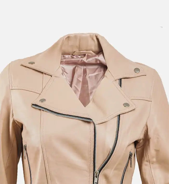 Women’s Beige Leather Biker Jacket