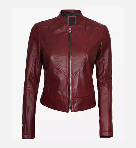 Women's Slim Fit Leather Maroon Biker Jacket