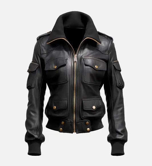 womens black bomber leather jacket
