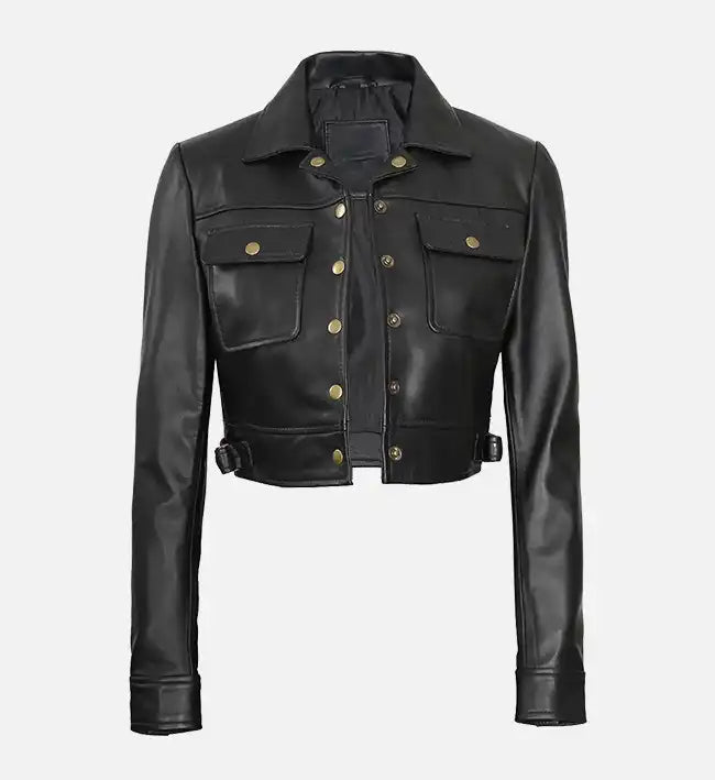 Women’s Black Cropped Leather Trucker Jacket